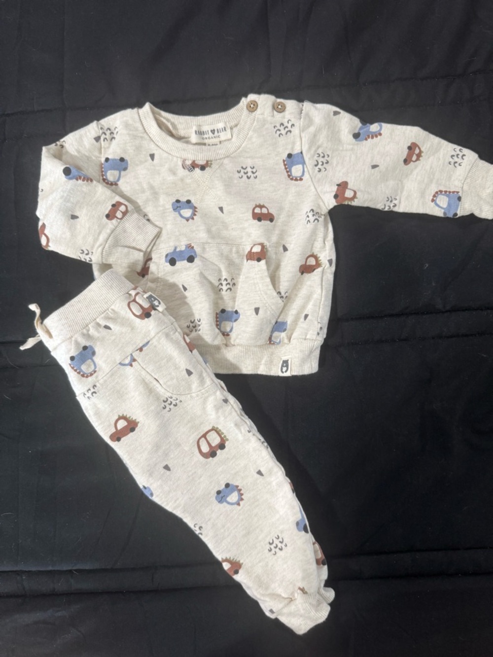 Rabbit and Bear Baby Cream Car Print Matching Set - Cozy Two-Piece Outfit